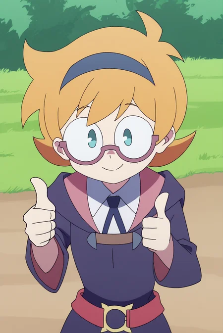 smiling, thumbs up to viewer, friendly, helpful, cheerful expression, Lotte Jansson, solo, glasses <lora:Little_Witch_Academia-Lotte_Jansson-PDXL:0.8>