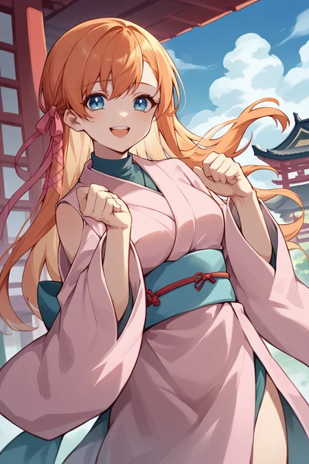 score_9, score_8_up, score_7_up, score_6_up, source_anime, BREAK 1girl <lora:ryne-pdxl-nvwls-v1:1> ryne, orange hair, blue eyes, hair ribbon, pink kimono, sash, japanese architecture, blue sky, wide sleeves, looking at you, happy, clouds