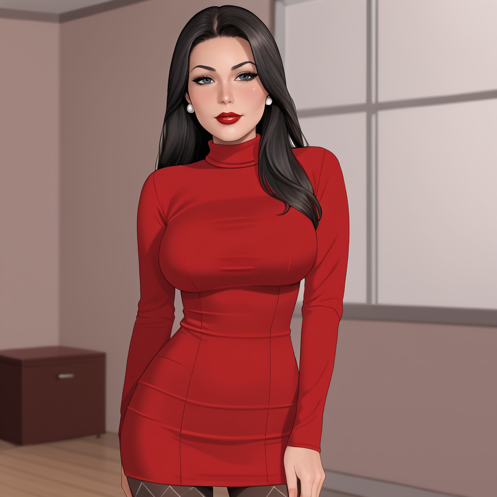 <lora:BlueBulleteer_pony_v1:.8> BlueBulleteer, 1girl, large breasts, lipstick,  makeup, black hair, long hair, red lips, cowboy shot,  <lora:0965 Home wear 12_v1_pony:1> ruanyi0965,red dress,short dress,black pantyhose,argyle legwear,turtleneck,dress lift,bottomless,long sleeves