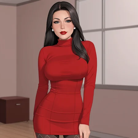 <lora:BlueBulleteer_pony_v1:.8> BlueBulleteer, 1girl, large breasts, lipstick,  makeup, black hair, long hair, red lips, cowboy shot,  <lora:0965 Home wear 12_v1_pony:1> ruanyi0965,red dress,short dress,black pantyhose,argyle legwear,turtleneck,dress lift,bottomless,long sleeves