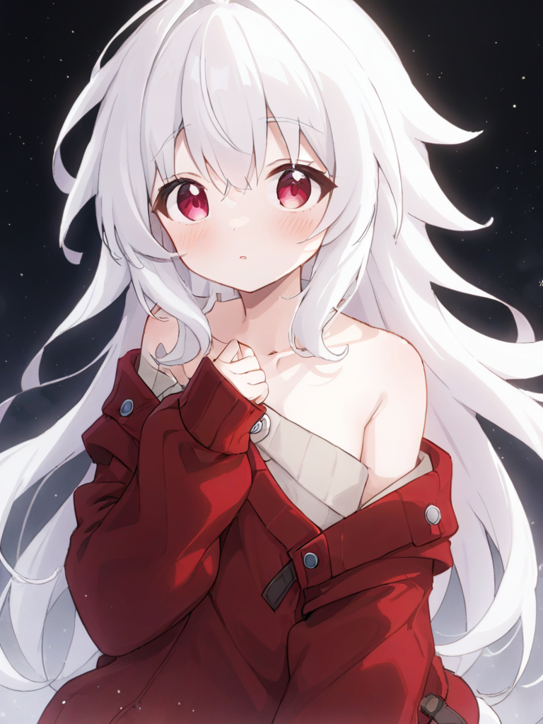 kelala girl,white hair,Red eyes,<lora:xl_kelala girl-000011:0.9>,off-shoulder sweater