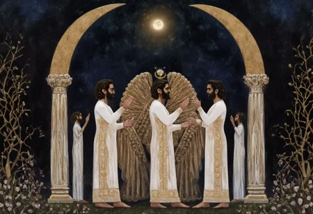 moon cycle arches above Cyrus the great in a long white dress, gold scrollwork, novuschroma style