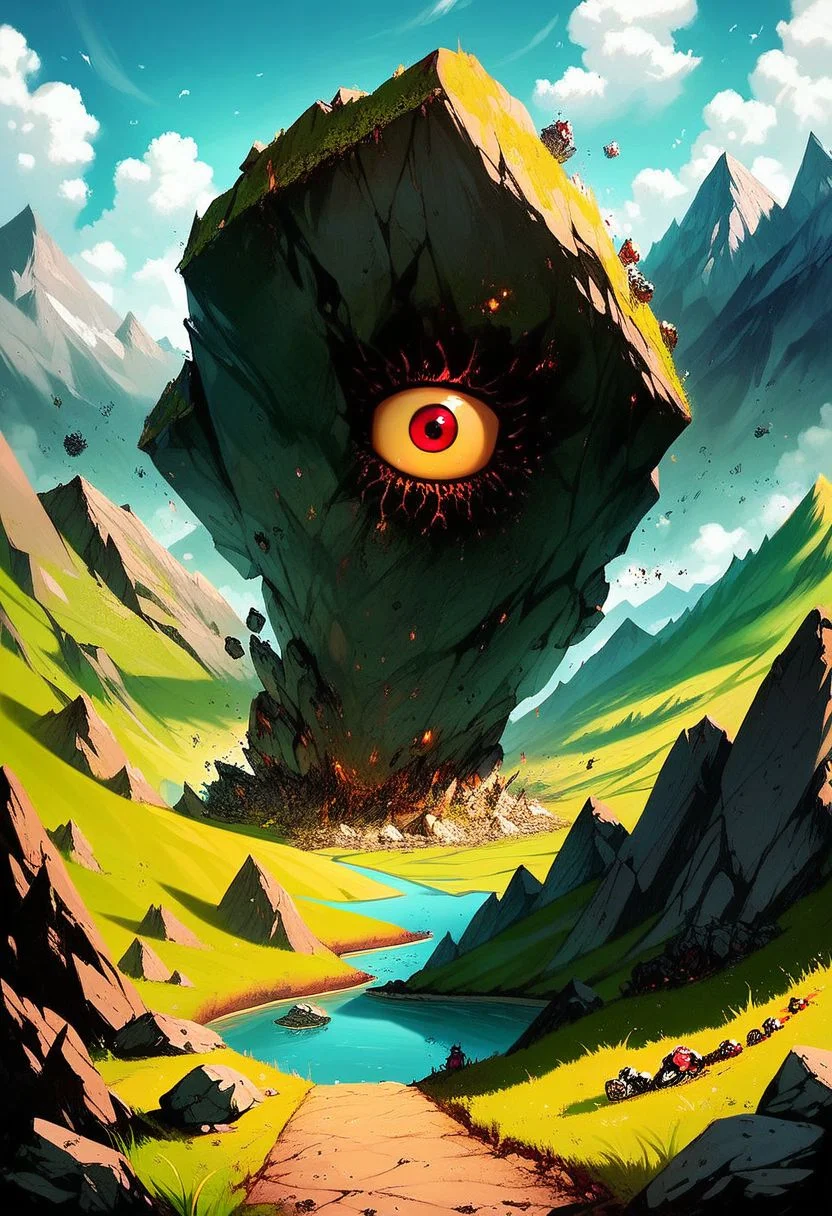 core_9, score_8_up, score_7_up, ultra detailed, Excellent quality, high resolution, creature, cyclops, destruction, elemental (creature), giant, giant monster, golem, grass, lake, monster, mountain, one-eyed, open mouth,outdoors, rock, water 200k