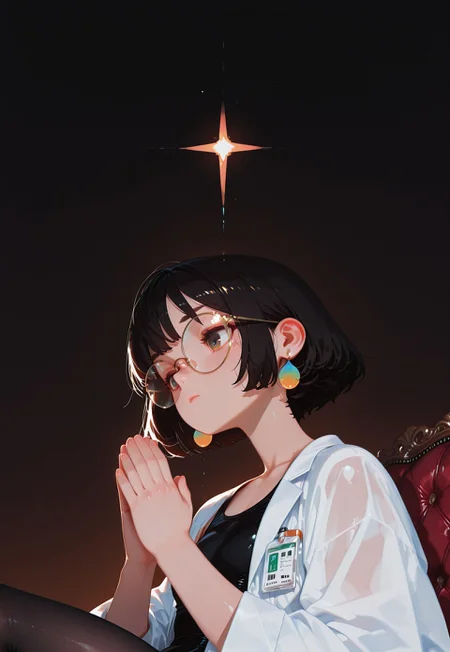 masterpiece, best quality, ((cinematic lighting)),
((torso, upper body shot, close up)),
1girl, solo, from below , from side ,
sitting on victorian couch, legs crossed ,
very short hair ,
bangs above eyebrows ,
large rimless round glasses,
flat chest, [[[abs]]],
sheer black tights  ,
skindentation, ((chubby thick legs), thick legs, chubby legs), thick calves,
lab coat ,
black tight  short tanktop, (tight black medium short spats), simple gradient background,
,
BREAK,
praying ,

flatline, 

fl4t,