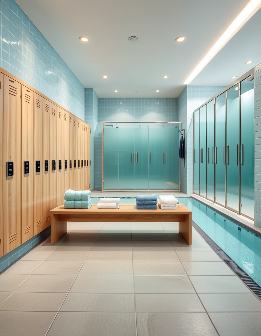 A realistic photograph of a modern swimming pool changing room, featuring clean, sleek design with white tiled walls and light blue accents. Rows of wooden benches with metal frames are neatly aligned in the center of the room. On the sides, there are individual lockers with glossy pastel-colored doors (light blue, mint green, and pale yellow), each with small number labels. Hooks are mounted on the walls, some holding neatly folded towels. The floor is made of non-slip gray tiles, slightly wet, reflecting the soft overhead LED lighting. The atmosphere is fresh and inviting, with a subtle fog from the pool area beyond a frosted glass door at the back. To the left side of the room, a large mirror spans the wall above a counter with built-in sinks, chrome faucets, and a few small bottles of hand soap. A subtle reflection of the interior is visible in the mirror. No people are present in the room. The lighting is bright but natural, as if itâs daytime with soft sunlight filtering through small high windows. The mood is calm, clean, and welcoming, captured with a high-resolution camera in photorealistic style. 
<lora:SDXLFaeTastic2400:0.4> <lora:extremely_detailed:0.4> extremely detailed,<lora:swimming_pool_ch4ng1ng_r00m:1>,swimming pool ch4ng1ng r00m, Masterpiece,best quality,hi res,8k,hi res,8k,award winning,(sharp focus, intricate, highly detailed),
