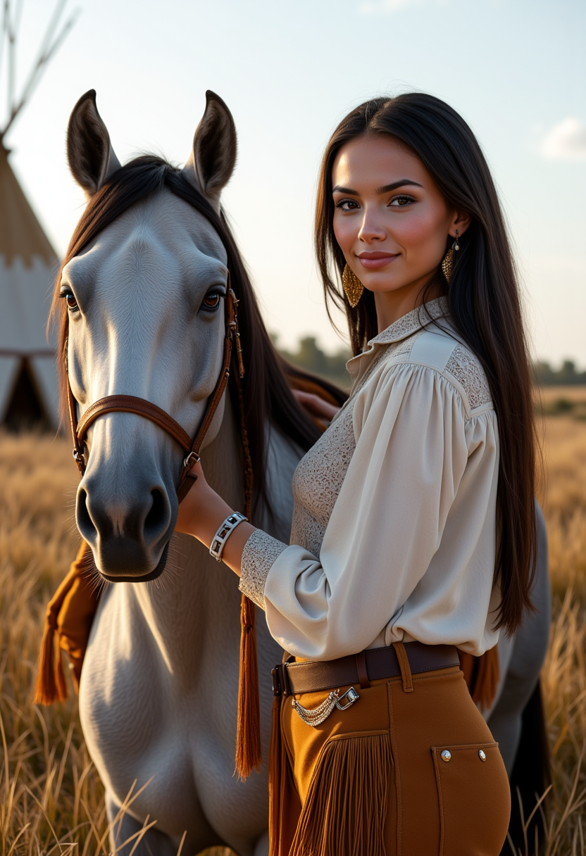 full body view, She is approximately 18 years old. Hyperrealism, she is looking at the camera, (dynamic angles), profile headshots of a beautiful, stunning unique female character.  she has braid dark hair. her eyes are filled with joy and excitement, extravagant eyelashes. a photo of Maid3n, she is wearing a white frilly shirt. and buckskin pants. The woman is posing confidently. a tipi and tall grass in the background. She has a slight smile on her face and is looking directly at the camera. making this image a masterpiece of photography and digital art. realistic. making this image a masterpiece of photography and digital art. Style: realistic hyper-detailed rendering, 32k UHD, expressive eyes, punk, graphic design, girl's face, pretty and cute, gleaming lips, telling a tale of adventure. Exuding confidence and serenity. The overall mood of the image is happy and relaxed,detailed skin texture,(blush:0.2),(goosebumps:0.3),subsurface scattering,whimsical,Detailed hand, Perfect hand. Perfection style. is posing on a grey horse. she is wearing brown leather boots. She is wearing a white shirt and brown buckskin pants. The scene is set outdoors, there is a tipi visible in the background. The photo is taken in a full body shot, focusing on Maid3n and her horse.. making this image a masterpiece of photography and digital art. realistic. making this image a masterpiece of photography and digital art. Style: realistic hyper-detailed rendering, 32k UHD, expressive eyes, punk, graphic design, girl's face, pretty and cute, gleaming lips, telling a tale of adventure. Exuding confidence and serenity. The overall mood of the image is happy and relaxed,detailed skin texture,(blush:0.2),(goosebumps:0.3),subsurface scattering,whimsical,Detailed hand, Perfect hand. Perfection style.