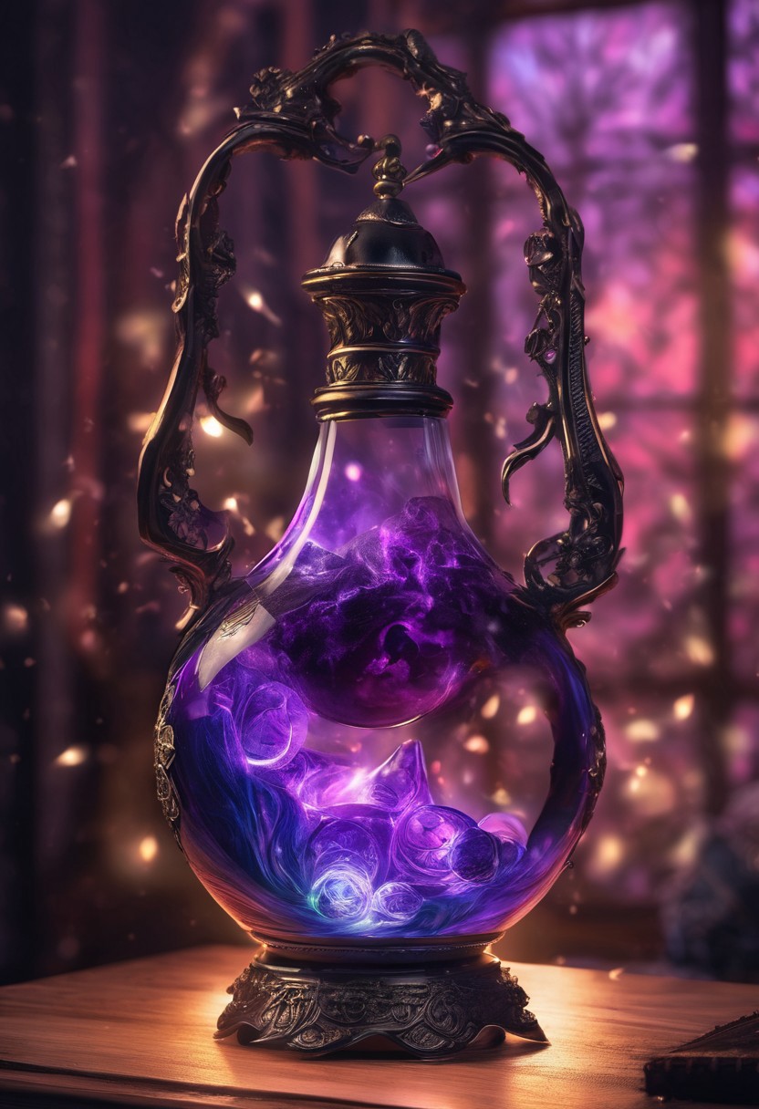 Score_9, Score_8_up, Score_7_up, Score_6_up, Score_5_up, Score_4_up, high_def, highest quality, 4k, best quality, masterpiece, focused, defined, (Photorealistic magic potion:1.3), intricate glass bottle, elixir, (skulls inside potion:0.7), dark purple colors, bubbling, neon light, flashy lights, magic lights, luminous, dynamic reflections, magical aura, highly detailed, fantasy essence, glowing particles, radiant aura