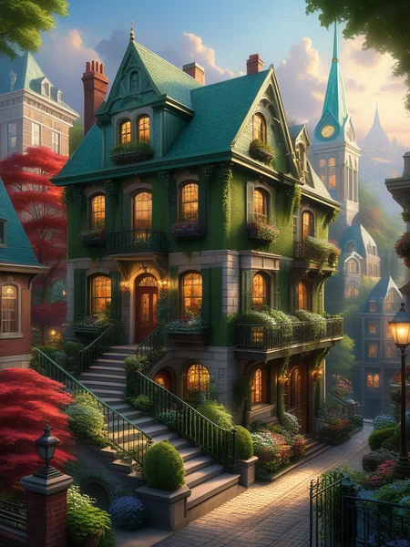 <lora:SS02ImpressionisticPainting_Hap_XL:1>,Thomas Kinkade style, Nature and architecture coalesce in a breathtaking urban cityscape, design by ArtsVisuelsPapilou, trending on ArtStation, where verdant foliage seamlessly intertwines with meticulously crafted buildings, captured in sharp focus, intricate details prominent, highly detailed, reminiscent of a Greg Rutkowski masterpiece, photo studio setting.