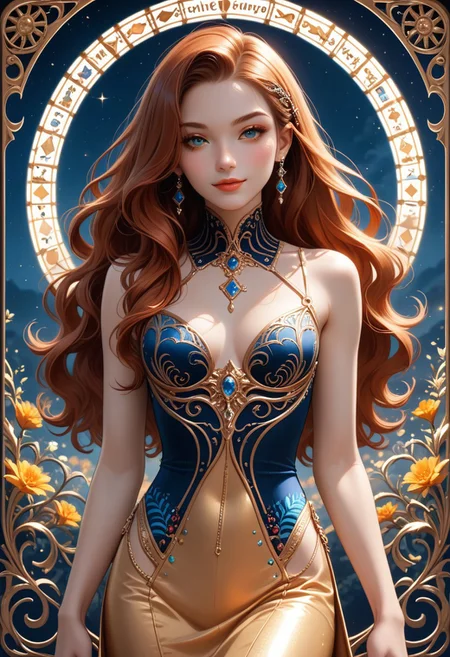 Cowboy Shot, girl, cute, seductive, innocent, light smile:0.3, plump lips, slender body, with long brown hair and red hair, in the style of dark sky-blue and light orange, intricate costumes, light gold and white, harmonious color palette, vibrant, art nouveau, depth of field, dynamic angle, fashion photography, sharp, hyperdetailed:1.15, 4n1v3rs3
