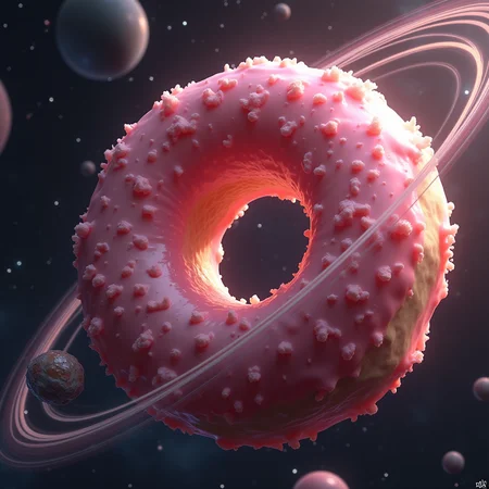 Create a picture of a space station shaped like a giant donut, orbiting a planet made of jelly, photo realistic, 4k.
