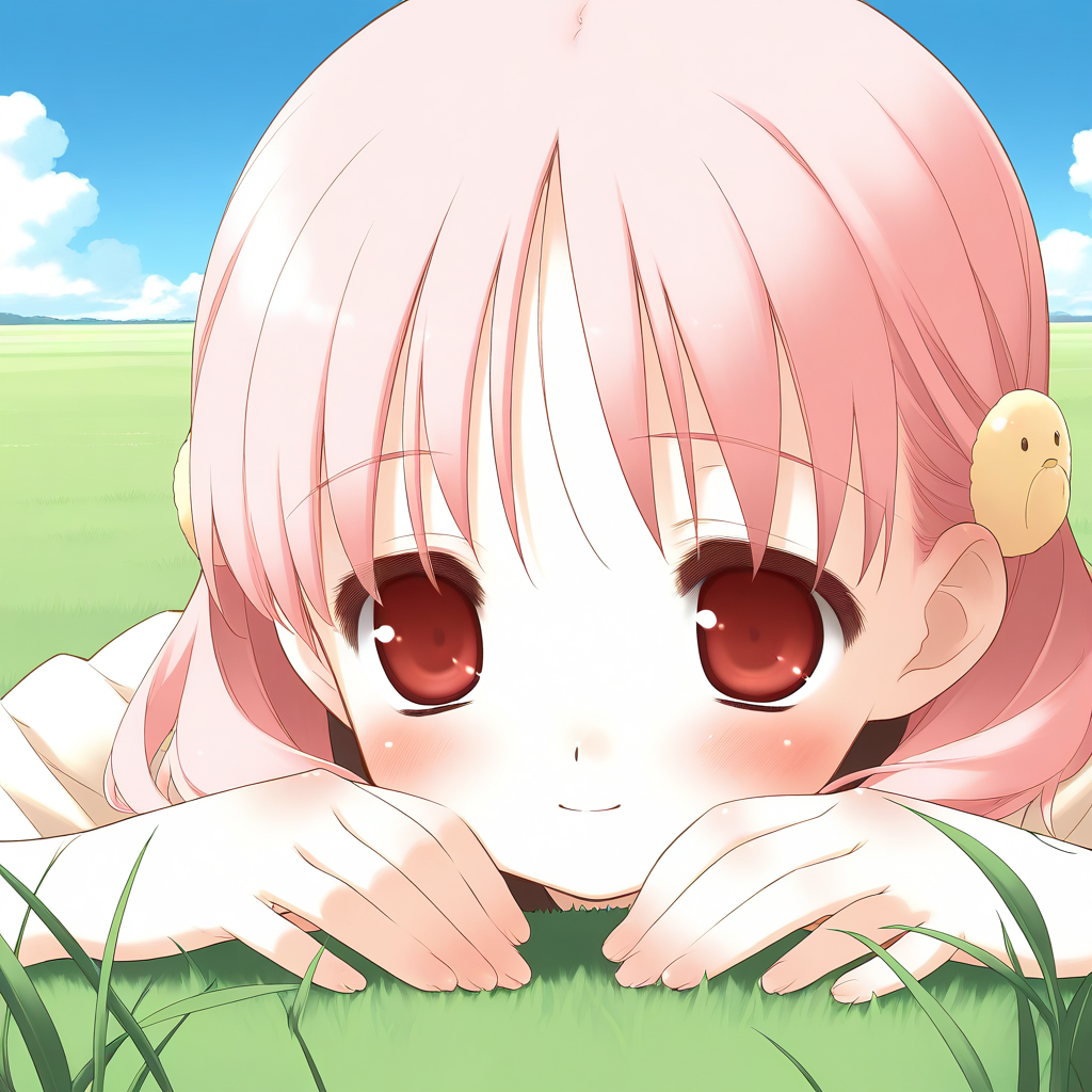 general,highres, ultra-detailed,very aesthetic,best quality ,best hands,  BREAK <lora:Kiriyama_Sakura_IS:1> KiriyamaSakura, solo, pink hair, red eyes, hair ornament,  face close up,
grass, sky,