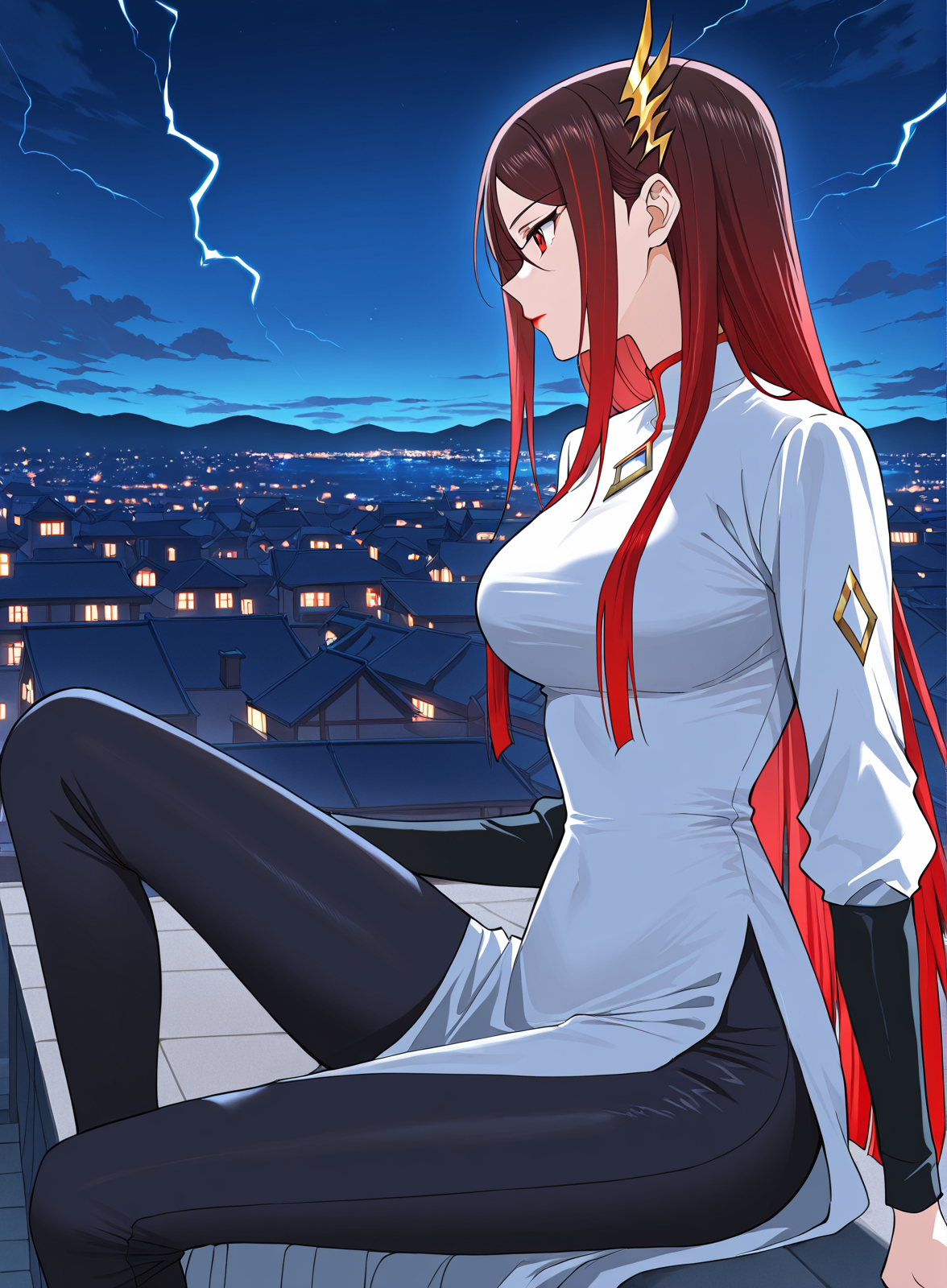 <lora:Jin_Mulan__Ultimate_Son-in-law__Illustrious:1>
1 girl, solo, long hair, red hair, gradient hair, straight hair, hair behind back, side bangs, hair ornament, golden accessory, red eyes, lipstick, 
white dress, high collar, red trim, diamond-shaped brooch, long sleeves, black sleeves, asymmetrical outfit, side slit, black leggings, tight pants, lightning-shaped hair ornament,  diamond pattern on sleeves, bodycon outfit,
score_9, score_8_up, score_7_up, score_6_up, source_anime, masterpiece, best quality, absurdres, highres, newest, anime coloring <break>  1girl, solo, sitting, on wall, from side, town, night sky, cloud