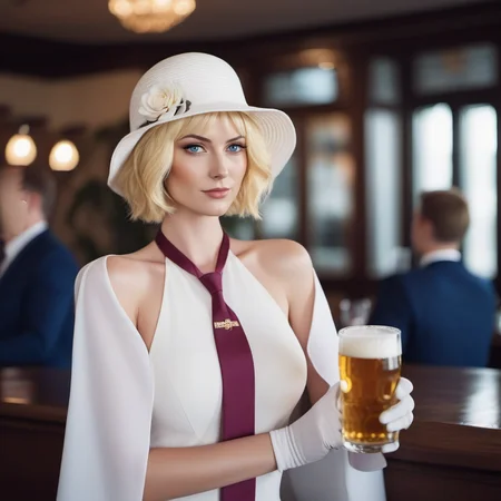cinematic photo a woman, short blonde hair, blue eyes, gloves, necktie, white dress, hat flower, handbag, large breast, having a beer in a pub <lora:Stussy1024:0.8> . 35mm photograph, film, bokeh, professional, 4k, highly detailed