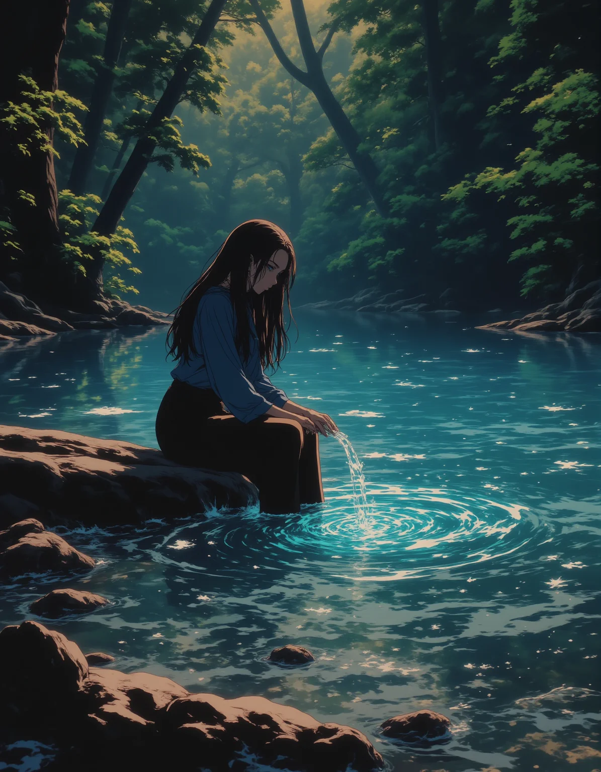 A woman with long, flowing hair sits by a crystal-clear spring in the heart of a dense forest. The water sparkles with a soft, inner light, and tiny, glowing fish swim beneath the surface. She dips her hand into the water, and ripples of magic spread out, causing the trees around her to hum with life.,
<lora:NeonFantasyFLUX:0.8> ne0nfant4sy,