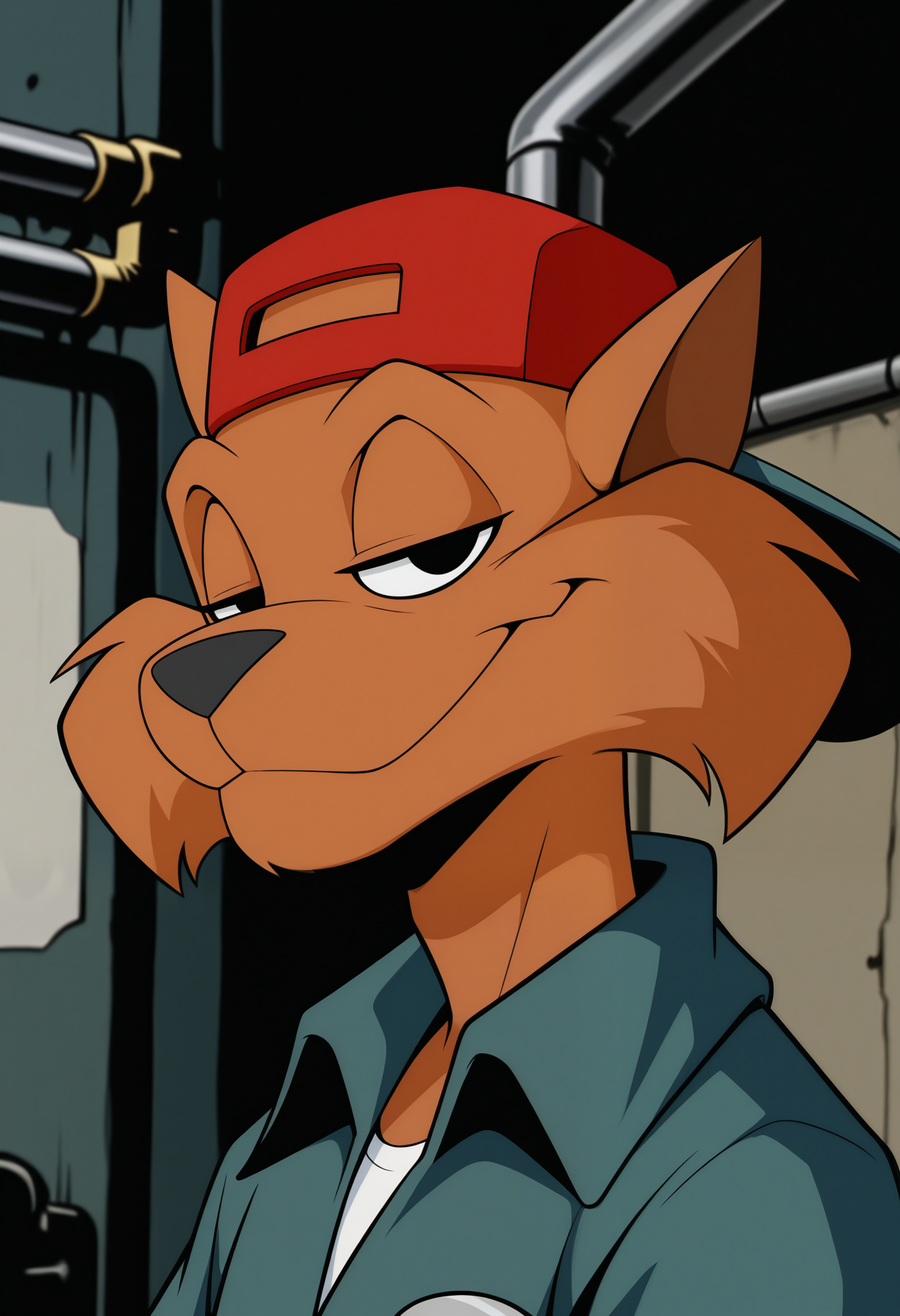 masterpiece,best quality,amazing quality, 1boy, solo, j4k3, furry, orange fur, black eyes, mechanic suit, white shirt, baseball cap, backwards hat, close up, side angle, smirk,