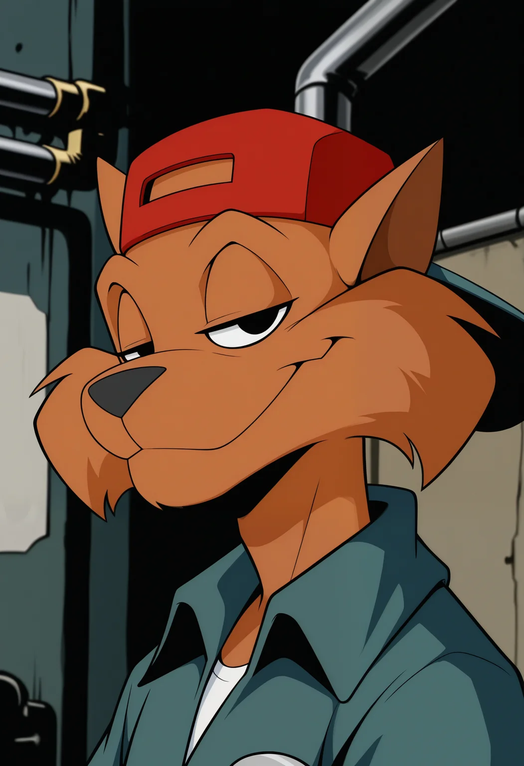 masterpiece,best quality,amazing quality, 1boy, solo, j4k3, furry, orange fur, black eyes, mechanic suit, white shirt, baseball cap, backwards hat, close up, side angle, smirk,