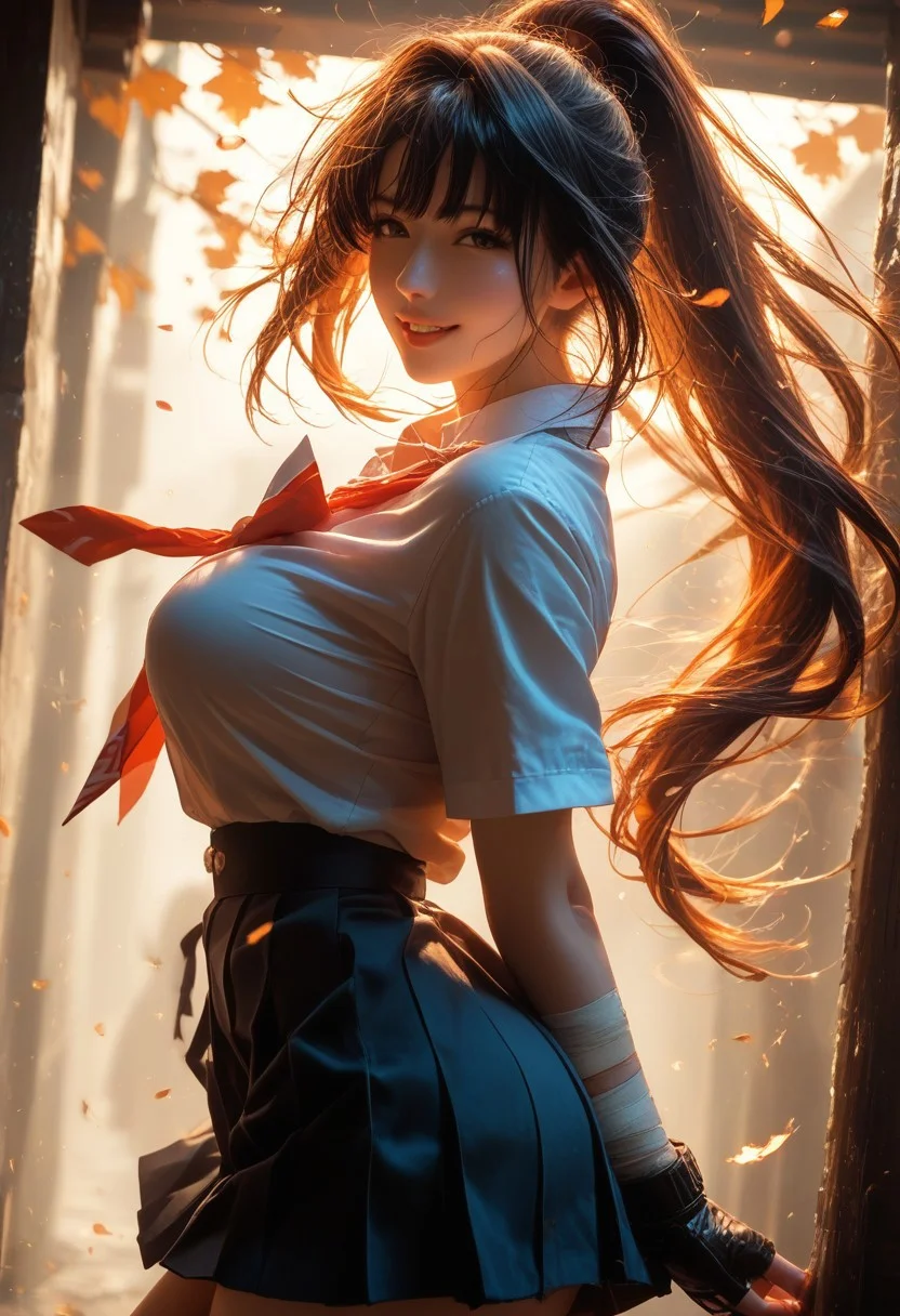 score_9, score_8_up, score_7_up, rating_explicit, ((face lighting)), light rays, horny face, steamy, magical light, depth of field,
cinematic lighting, warm lighting, dust, light rays, horny face, vibrant colors,
1girl, young and cute, school uniform, dynamic pose, smile, standing on the street, pale skin, bandage on arms, fingerless gloves, dark hair, long ponytail, thin bang, parted lips, looking at viewer, smooth skin, tilted angle, arms down, hands before skirt, skirt lifted by wind from back side, side view,
, perfect body, large breast, hurricane background, flying leaves, flying sakura,
Expressiveh, realstic,
