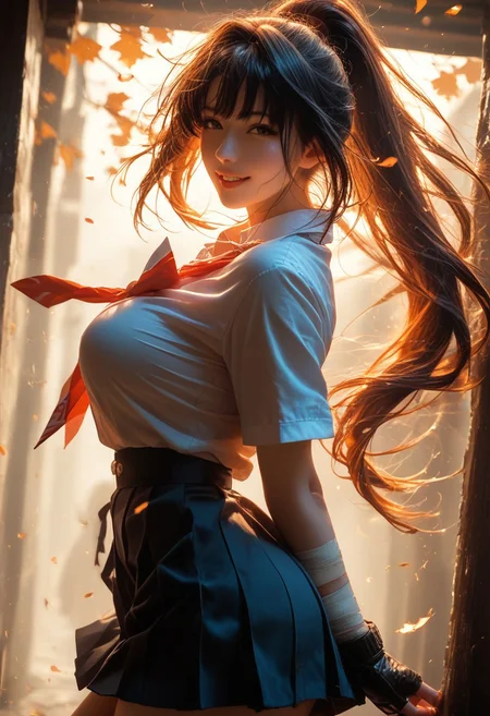 score_9, score_8_up, score_7_up, rating_explicit, ((face lighting)), light rays, horny face, steamy, magical light, depth of field,
cinematic lighting, warm lighting, dust, light rays, horny face, vibrant colors,
1girl, young and cute, school uniform, dynamic pose, smile, standing on the street, pale skin, bandage on arms, fingerless gloves, dark hair, long ponytail, thin bang, parted lips, looking at viewer, smooth skin, tilted angle, arms down, hands before skirt, skirt lifted by wind from back side, side view,
, perfect body, large breast, hurricane background, flying leaves, flying sakura,
Expressiveh, realstic,