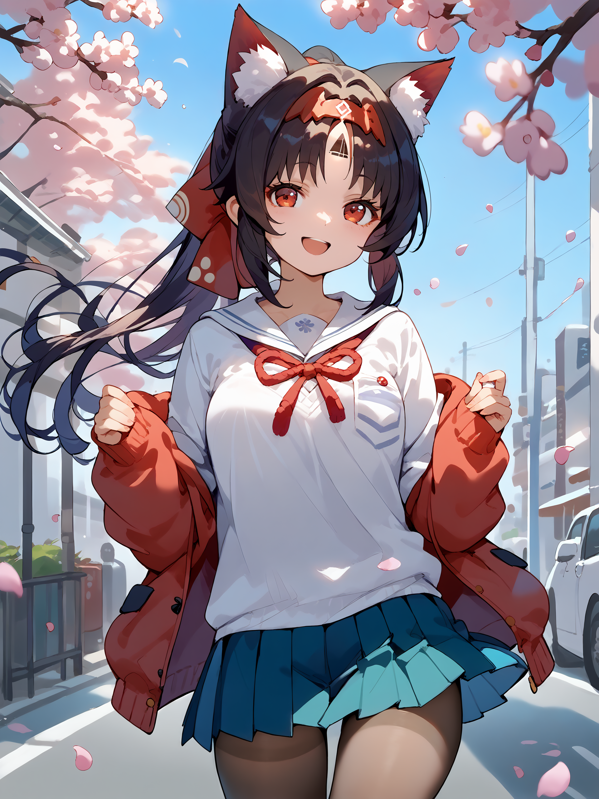 score_9, score_8_up, score_7_up, source_anime, 1girl, nekomiya mana, ponytail, forehead mark, hair ribbon, solo, school uniform, white shirt, sweater, pleated skirt, pantyhose, smile, open mouth, looking at viewer, outdoors, street, cherry blossoms, petals, depth of field  <lora:Char-ZZZ-Nekomiya_Mana-Pony-V1:1>  <lora:style-nai:1>