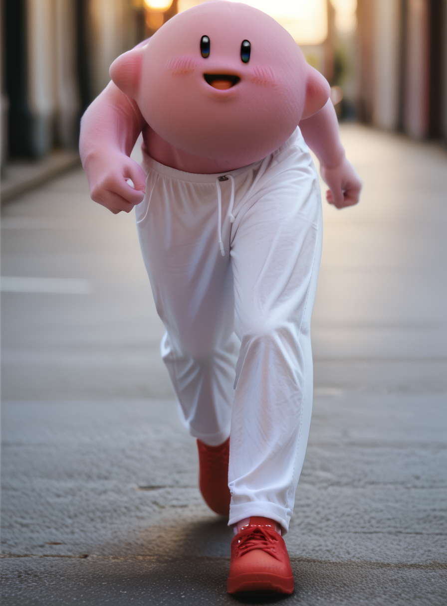 score_9, score_8, score_7, longkirby, dark blue eyes, pink body, blush, red shoes, bokeh, depth of field,