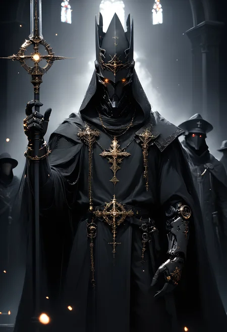 (score_9, score_8_up), score_7_up, 1boy, 2others, church, Highly detailed RAW color Photo, holding staff, holding, 1arm up, cowboy shot, black hair, gloves, hat, hood, cape, makeup, chain, pale skin, robe, pillar, glowing eyes,
shoulder armor, gauntlets, pauldrons, mask, helmet, dark, full armor, all black armor, black cloak, occult, dark theme, black theme, jewelry, dark, elegant, royal, headpiece, robot, mechanical arm, sci fi, cyborg, robotic circuits, glowing fiber optic cables,
photo realistic, realistic, glistening, glowing, dark lighting, dof, depth of field, realistic, dark background, light partials, CINE, fire embers, low-key,