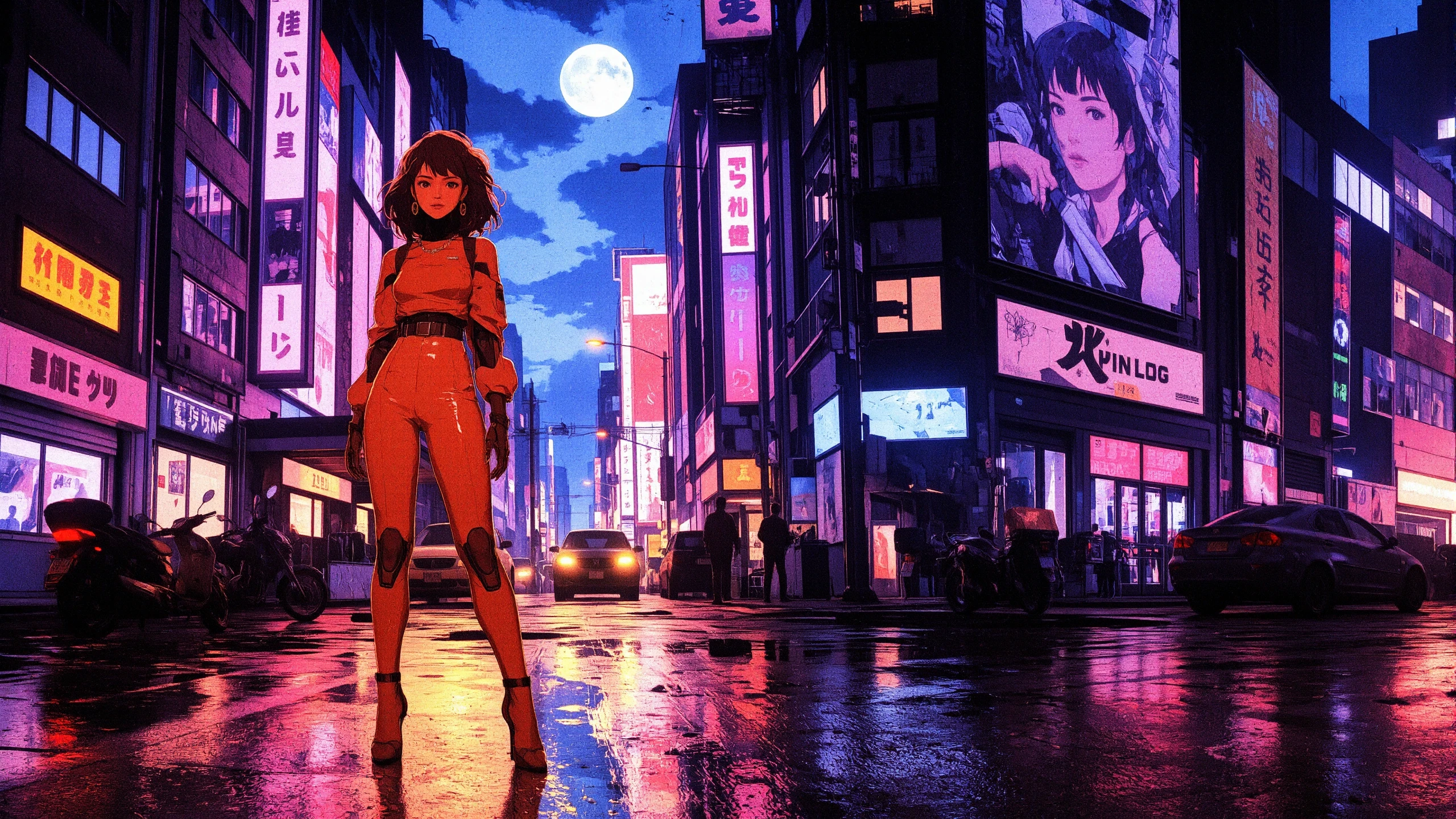 Liberian messy hair chocolate hair (young woman), anime, illustration, cyberpunk, futuristic, (extremely detailed), (portrait), (standing:1.3), (happy smile), (beautiful cyberpunk tokyo buildings landscape), wet floor, windows, motorbike, car, moon in the sky, (bright neon lights), screen holograms, kanjis, raytracing, hdr, high contrast, ethereal cinematic lights, backlight, reflections, (legs), heels, (sharp focus), luminous Orange robot glossy brilliant armor, body lights, body circuits, glossy lipstick, necklace, tulip earrings, colorful, retrowave, shadows, vibrant colors, pretty, beautiful, feminine, sexy, lovely, in love, adorable, fashion,  <lora:Hand v2:1> <lora:Anti-Blur:1> <lora:RetroAnimeFluxV1:0.4> <lora:CPA:0.8> <lora:Luminous_Shadowscape:0.4>