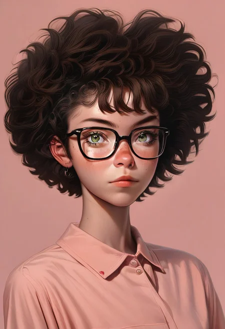 1girl, pretty face, freckles, manic pixie, dark hair,
nerdy tshirt, seductive, glasses,
FOV medium shot,
simple pastel lilac background,
score_9,score_8_up