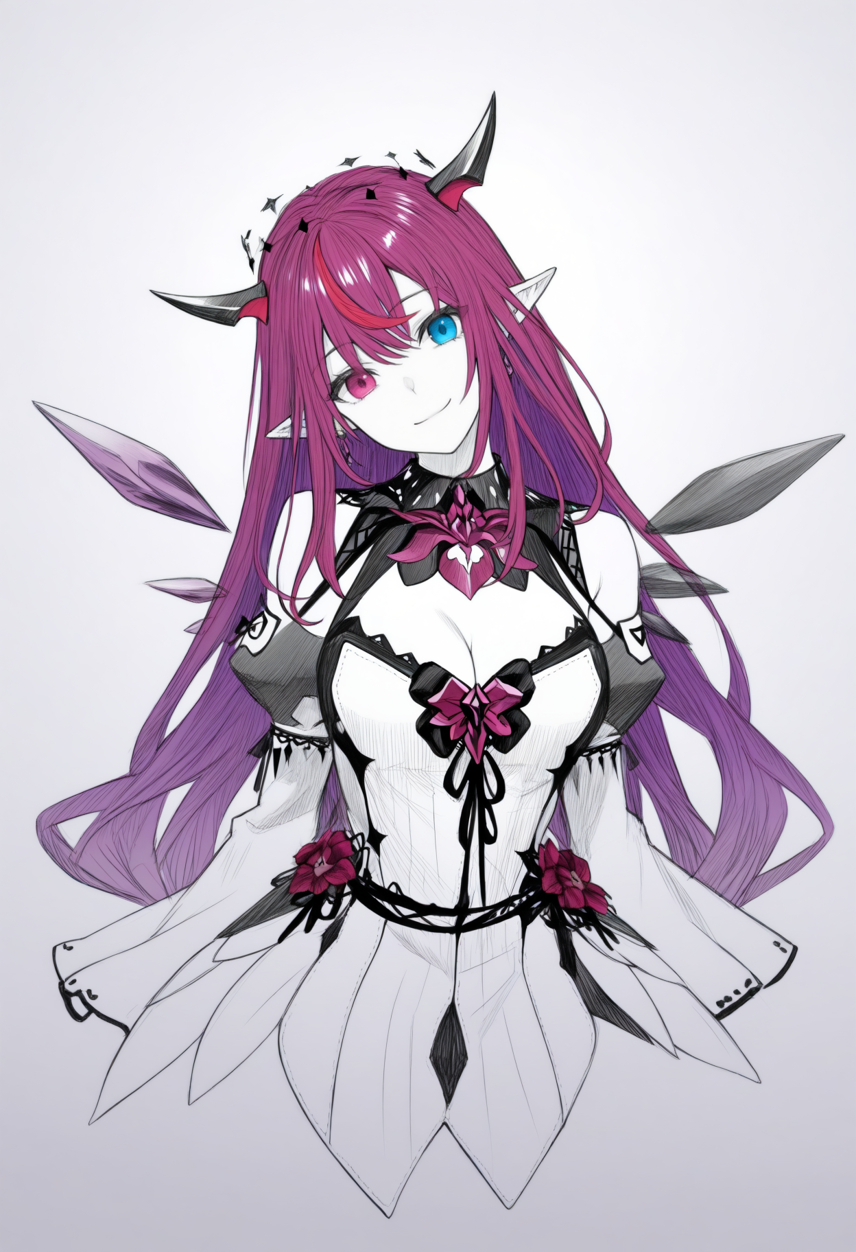 masterpiece, best quality, 1girl, solo, 1RySDef, heterochromia, purple eye, blue eye, horns, double halo, multicolored hair, purple hair, long hair, detached collar, brooch, white dress, cleavage cutout, detached sleeves, short dress, crystal wings, detached wings, spot color, greyscale, monochrome, lineart, sketch, graphite \(medium\), traditional media, cropped torso, looking at viewer, smile, head tilt, three quarter view, <lora:ChamIRySNoob:1>