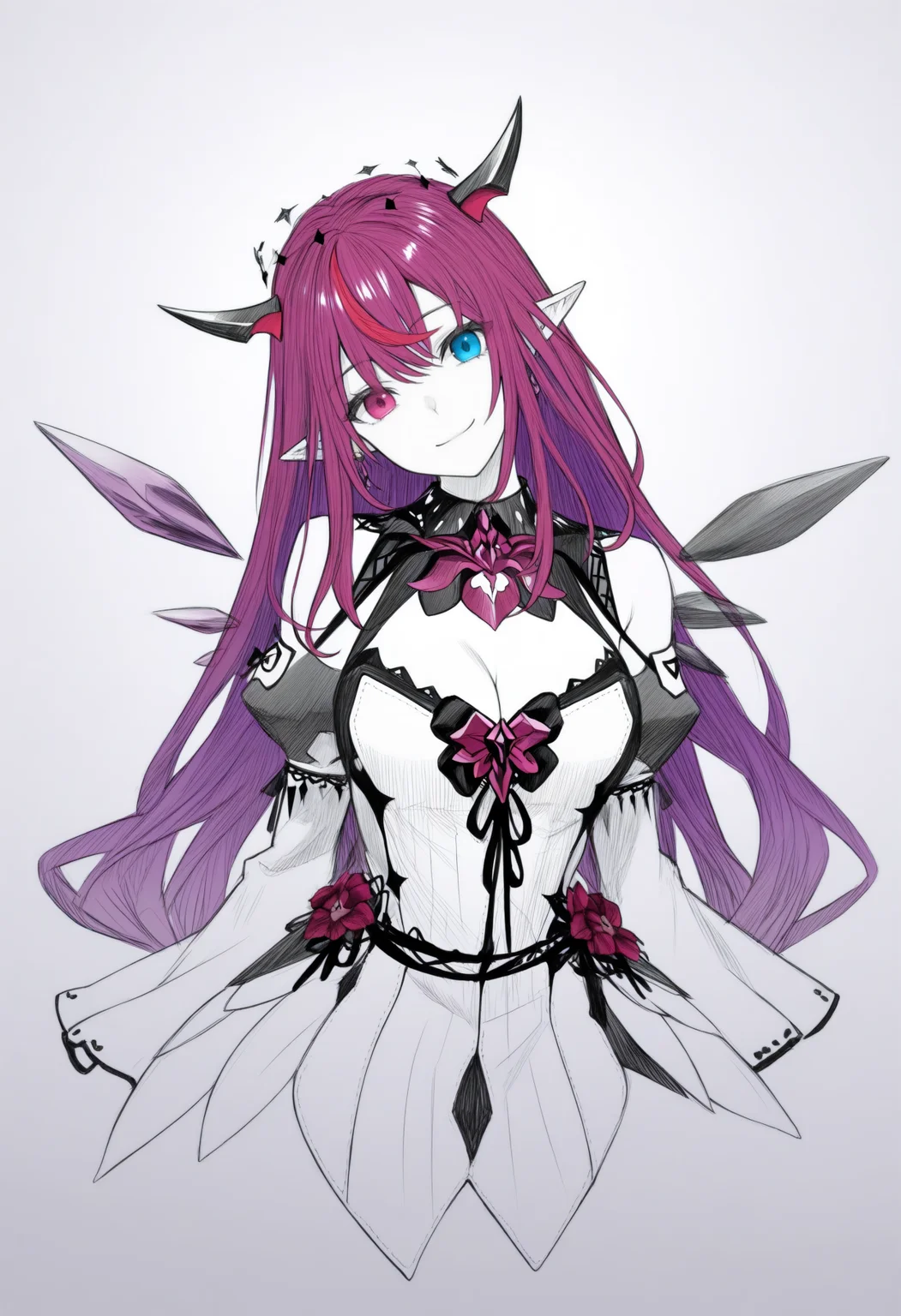 masterpiece, best quality, 1girl, solo, 1RySDef, heterochromia, purple eye, blue eye, horns, double halo, multicolored hair, purple hair, long hair, detached collar, brooch, white dress, cleavage cutout, detached sleeves, short dress, crystal wings, detached wings, spot color, greyscale, monochrome, lineart, sketch, graphite \(medium\), traditional media, cropped torso, looking at viewer, smile, head tilt, three quarter view, <lora:ChamIRySNoob:1>