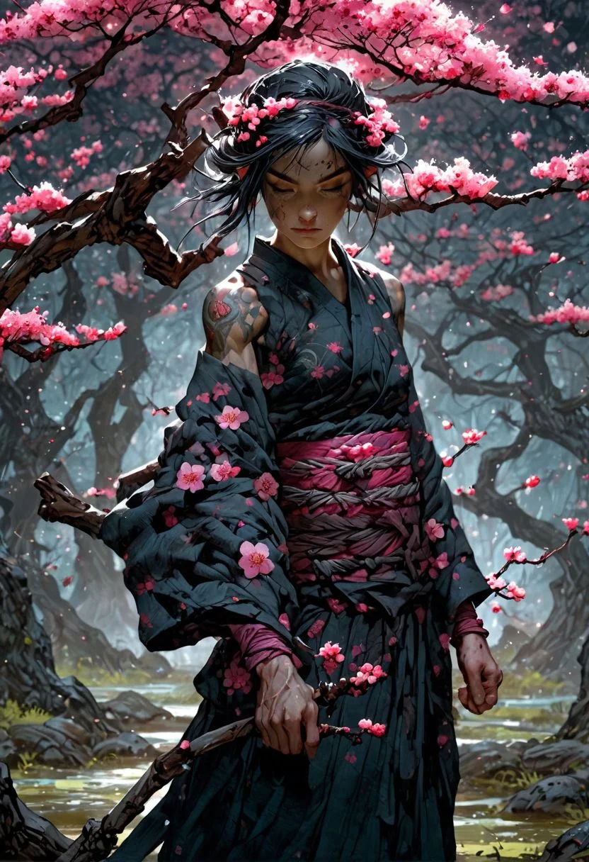Dryad in Plum Blossom Forest. Plum blossoms wrapped around the waist.on black canvas in the style of guillem h. pongiluppi, abigail larson, ominous landscapes, john sloane, white and pink, energy-filled illustrations, highly detailed,8K