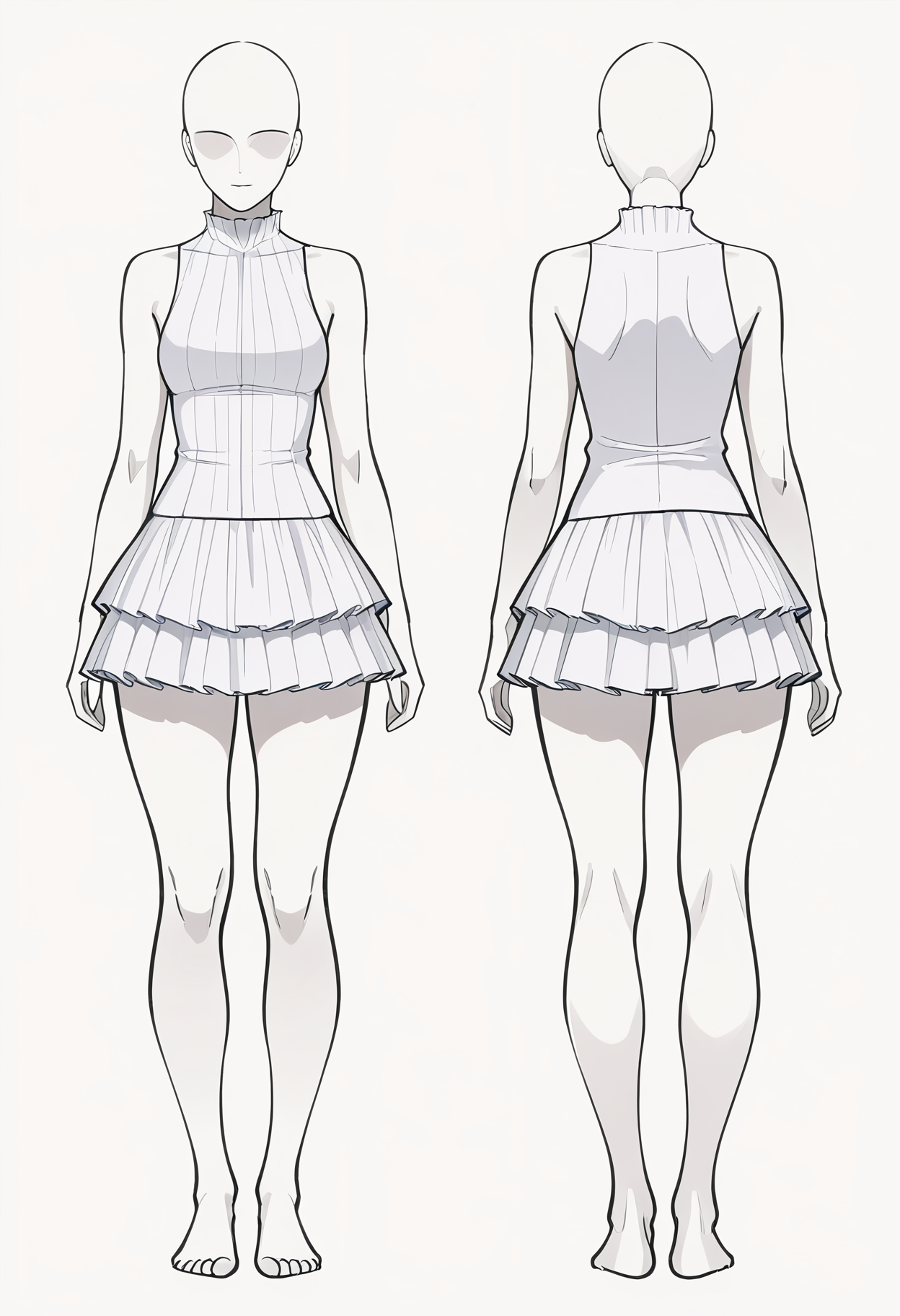 Smooth Quality,masterpiece,beautiful aesthetic, very intricate, high quality details, ultra realistic, high detailed skin,
simple background, white background,
 <lora:mannequincnn:0.8> mannequinbase, female/cnn, 1girl,faceless, white skin, colored skin, reference sheet, multiple views, 
ruffled skirt, ,sleeveless shirt, ,