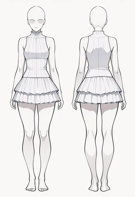 Smooth Quality,masterpiece,beautiful aesthetic, very intricate, high quality details, ultra realistic, high detailed skin,
simple background, white background,
 <lora:mannequincnn:0.8> mannequinbase, female/cnn, 1girl,faceless, white skin, colored skin, reference sheet, multiple views, 
ruffled skirt, ,sleeveless shirt, ,