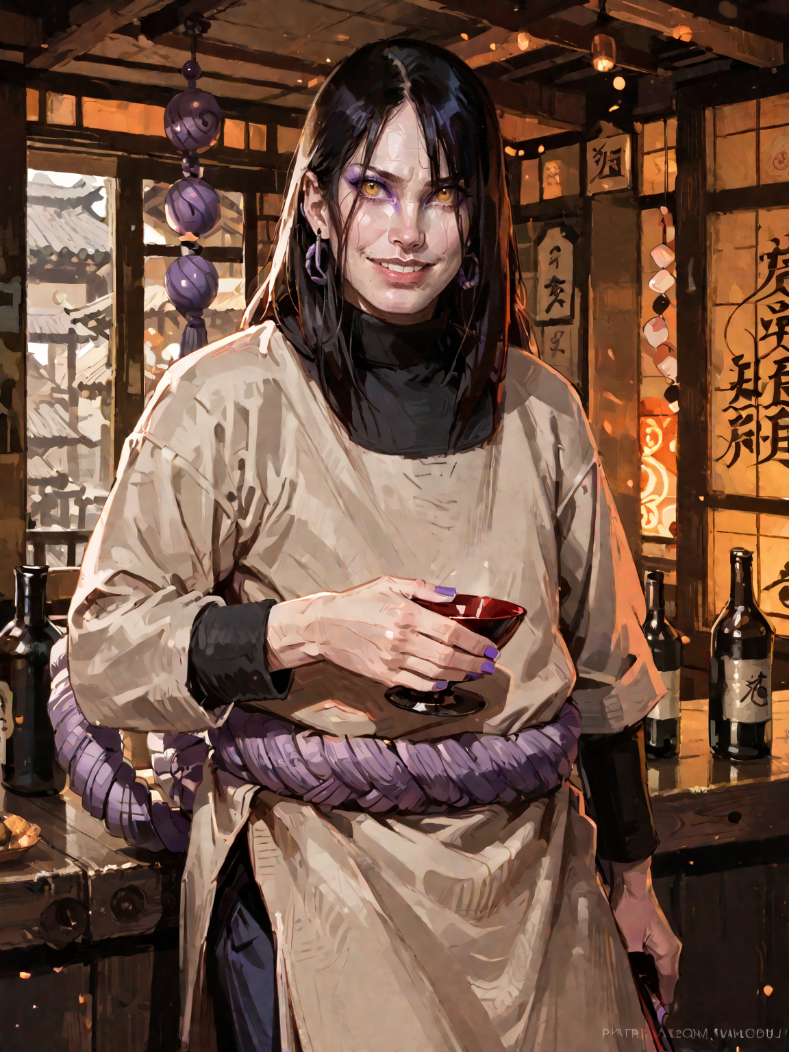 <lora:NarutoConceptStyle:0.8>, <lora:OrochimaruV1:0.8>, adult man, old, oroch1maru, yellow eyes, slit pupils, black hair, long hair, purple eyeliner, hair over one eye, pale skin, tan tunic, long sleeves, purple rope belt, purple nails, earrings, sitting, japanese village, japanese bar, sake bottle, indoors, solo, ninja, asian architecture, medieval, upper body, evil smile, <lora:AlexanderMandradjiev:0.8>, zPDXL3, score_9, score_8_up, score_7_up, score_6_up, score_5_up, score_4_up, realistic, real, hyper realistic, (source_real:1.3)