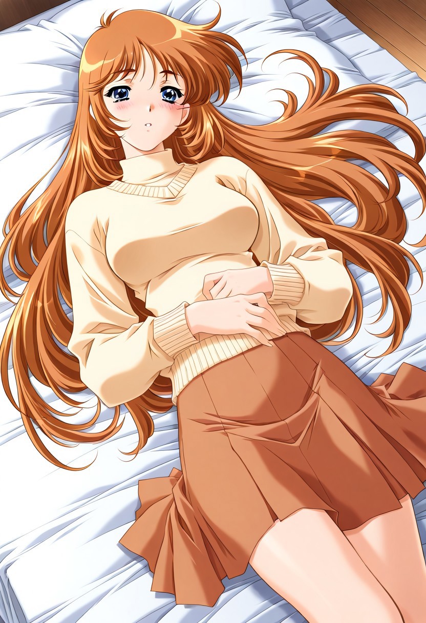 masterpiece, best quality, newest, highres, uncensored, 1girl, yokota mamoru style,1girl, slender face，motion lines,Kobayakawa_Mizuho, blue eyes, very long hair, orange hair, bangs, breasts,Brown Hair , Waist Length hair, Blue Eyes,1990s (style),slim,
1girl, solo, long hair, blue eyes, blush, lying, skirt, long sleeves, on back, sweater, dutch angle, brown hair, bed