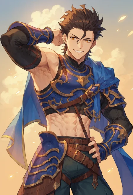 score_9_up score_8_up score_7_up, source_anime, 1boy solo diarmuid saber, blue cape crop top belt pants armor, hand on hip, smile
<lora:diarmuid_pony_d16:1>