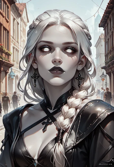 score_9, score_8_up, score_7_up, (zPDXL3), female, face portrait,
Changeling, gray skin, white eyes, long white hair, very-long hair, single braid, dark eyelids, black sclera, full lips, black lipstick, leather cross-wrap halter top, ethereal beauty, looking at viewer, gray skin, colored skin, fantasy city street, beautiful,