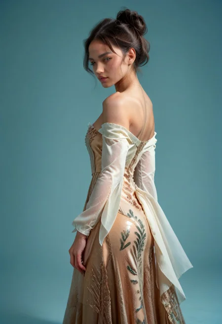 score_9, score_8_up, score_7_up, kebaya dress (long dress, skin tight, strapless, off shoulder, luxurious design),
pureerosface_v1, JDMAI_KEBAYA, JDMAI_ARIEL_SARI,
(dynamic lighting), (dynamic shadow), 4k, HD, Hi res, cinematic masterpiece, photographic masterpieces, epiCPhoto,
Neat hair bun, professional makeup, side view,
Portrait, upper body, alluring pose,
(simple turquoise background), (blurry background), (sharp focus on object),
