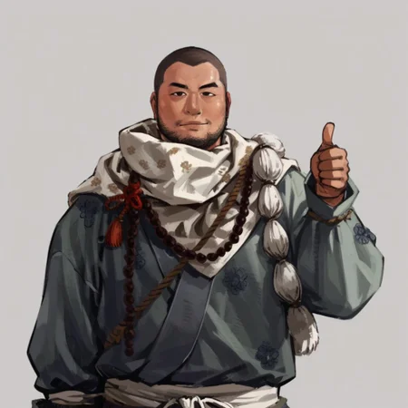 Zpdxl3, Score_7_up, score_8_up, upper body, solo male,
BREAK,
Norio, shaved head, stubble, Japanese clothing, hand out, (thumbs up:1.15), simple background, perfect anatomy,