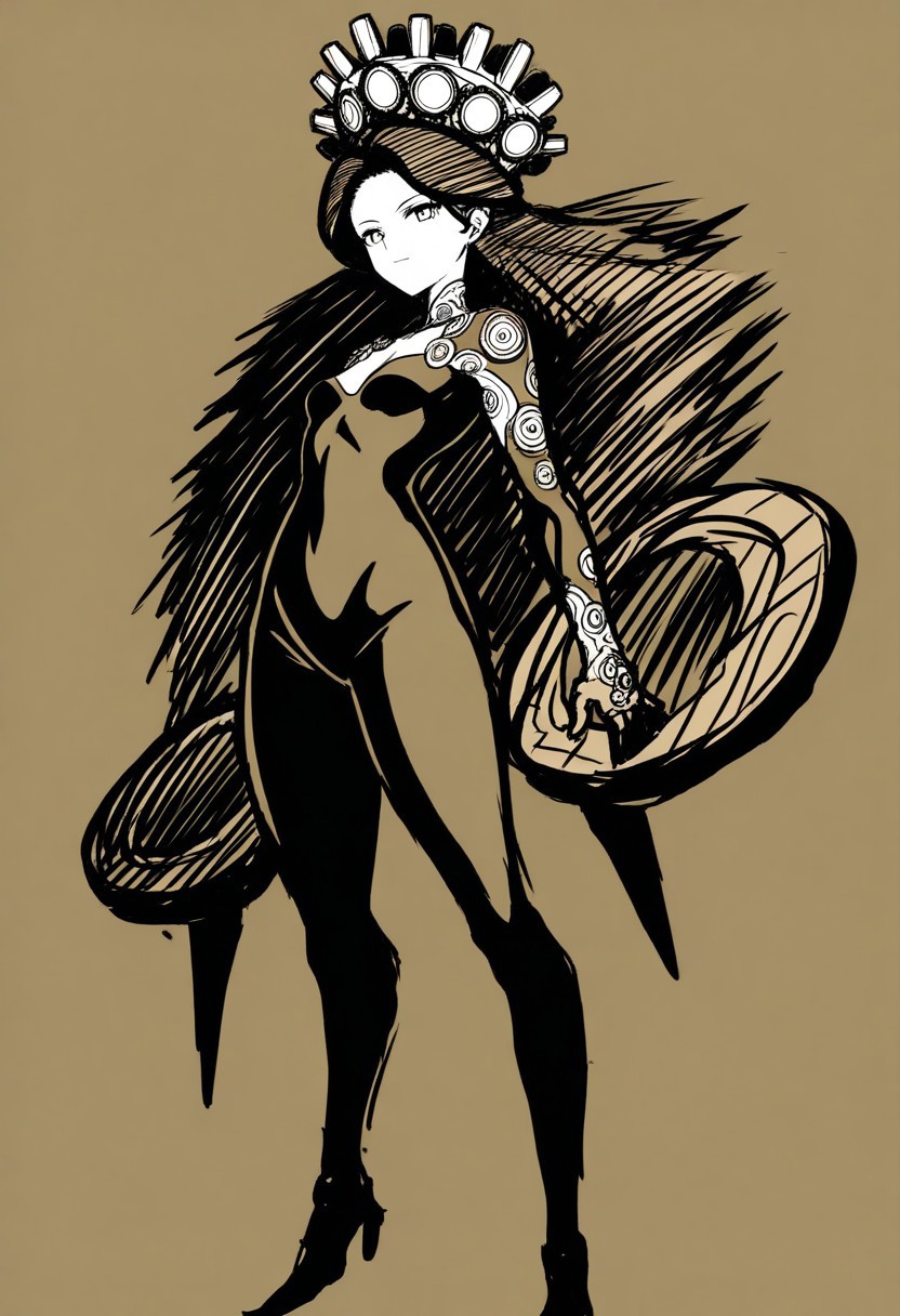 masterpiece,best quality,amazing quality, mature, clean lines, subtle lighting, bold outlines, cel shading, very aesthetic, absurdres, newest, solo, 
1girl, grailstyle, full body shot, sketch, monochrome, pencil strokes,
beautiful girl, (small breasts:1.3), long hair, gear hair, gear body, gear crown, (small breasts:1.5), gear halo, starry night
