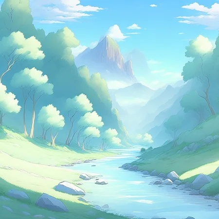 anime rendition of Peaceful river valley, serene scenery, epic landscape (RiverValley style:1) <lora:djzRiverValley:0.8)