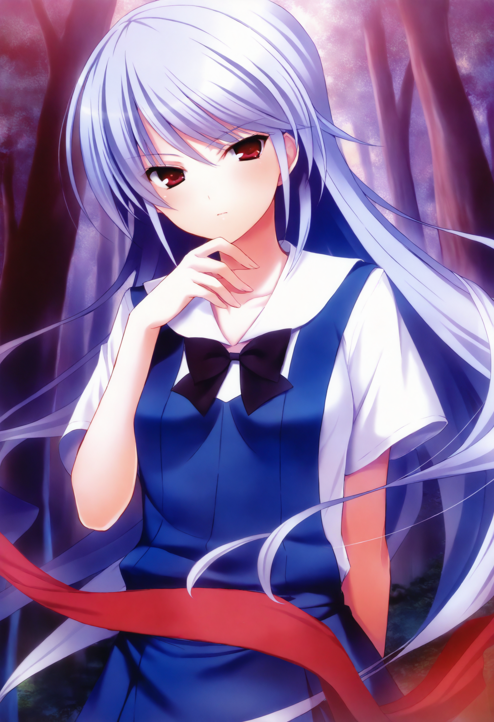 masterpiece, best quality,  1girl, kzk, silver hair, long hair, red eyes, shirt, white sailor collar,  blue dress, pinafore dress, black bowtie,  solo, looking at viewer,  forest, hand on own chin, standing,        <lora:Kazuki Illustuous 3-000009:1>