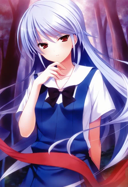 masterpiece, best quality, 1girl, kzk, silver hair, long hair, red eyes, shirt, white sailor collar, blue dress, pinafore dress, black bowtie, solo, looking at viewer, forest, hand on own chin, standing, <lora:Kazuki Illustuous 3-000009:1>