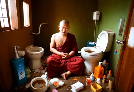 highres,4k,8k,RAW photo, Buddha, hobo-monk, Silhouettes of dazzling,rich colors,<lora:add_detail:0.7>, award-winning, professional, highly detailed, meditating, easynegative, ruanyi0181,indoors,toilet, Buddha, monk in rags, DeepNegative_xl_v1, dirty toilet, mess, broken furniture, broken closet, dirty closet, poverty, dirt