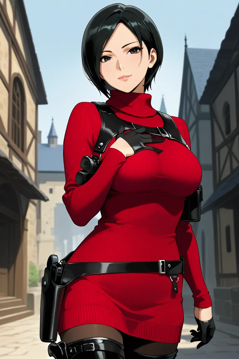 <lora:ada_wong_re_illus:0.7> ada wong, black hair, short hair, black eyes, large breasts, red sweater, turtleneck, chest harness, pantyhose, black gloves, half gloves, black belt, pistol holster, 1girl, solo, looking at viewer, smile, thighhighs, jewelry, standing, weapon, boots, belt, black footwear, lips, gun, thigh boots, bob cut, high heel boots, sweater dress, thigh holster, shoulder holster, black thighhighs, anime coloring, pistol holster on belt, medieval cities, more detail, cowboy shot, hand grabbing chest,