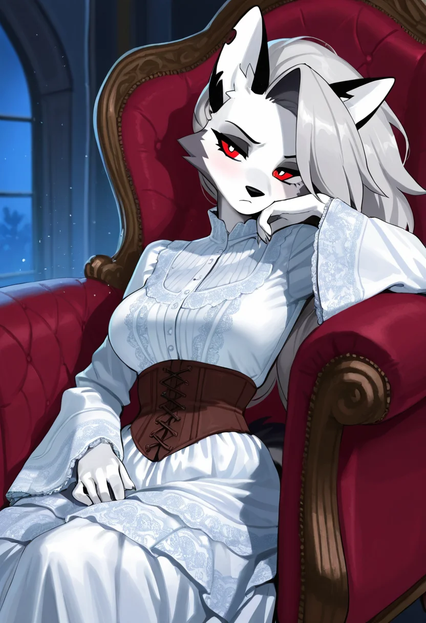 furry, loona, masterpiece, best quality, amazing quality, ultra detailed, solo, 1girl, adult, long dress, wide sleeves, ornate dress, corset, victorian dress, sitting, armchair, brocade, reclining, leaning on side, chin down proud, indoors, night, particles, cowboy shot,