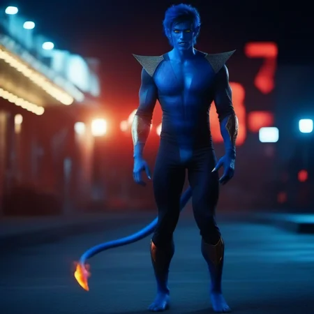cinematic photo full body man with a blue skin, pointy ears, red and black bodysuit, yellow eyes, devil tail, blue and black smoke background, night city lights <lora:NightCrawler1024:0.8> . 35mm photograph, film, bokeh, professional, 4k, highly detailed