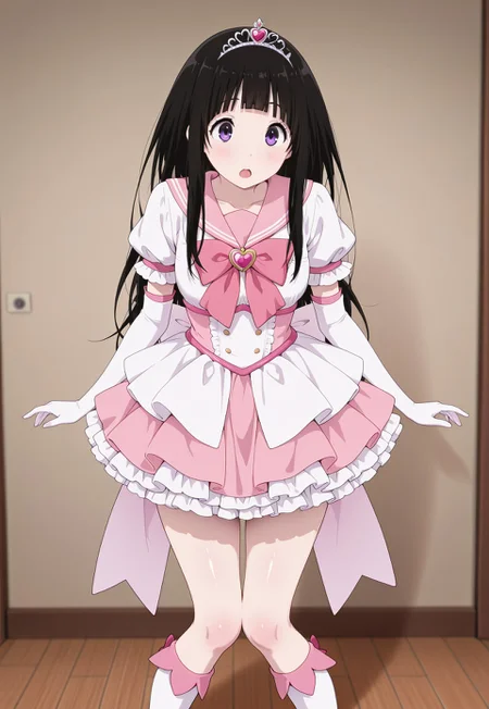 soft_skin,shiny_skin,,,masterpiece,extremely detailed,best quality,amazing quality,newest,absurdres,highres, 1girl , solo, chitanda eru, black hair, long hair, blunt bangs, purple eyes, tiara, serafuku, pale pink sailor_collar , puffy short sleeves, pale pink magical girl outfit, white gloves, elbow gloves, huge white back bow reaching knees, heartbrooch ,frilly miniskirt, Multiple layered petticoat,, open mouth, knees together feet apart,standing, ,arms_at_sides