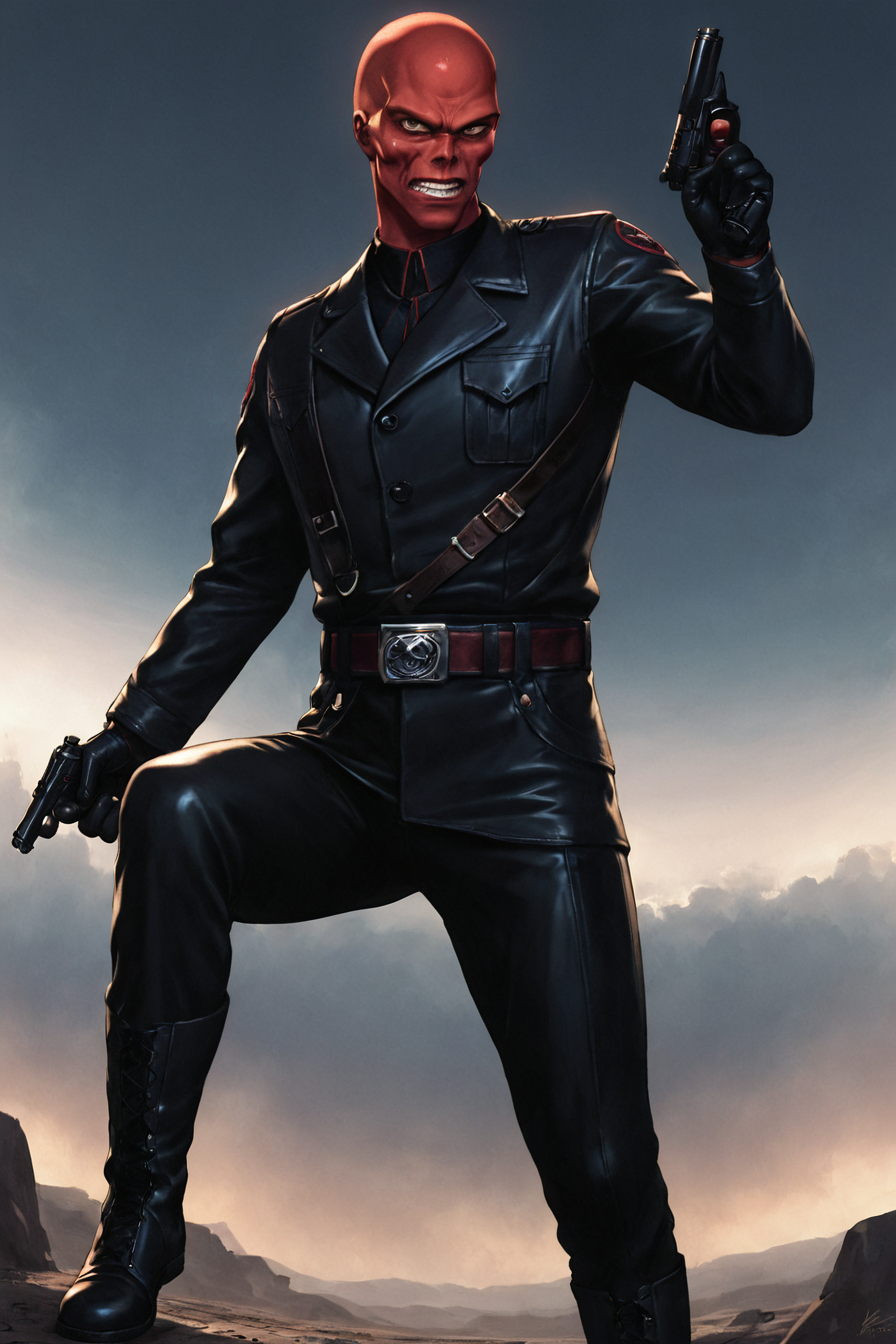 score_9, score_8_up, score_7_up, 8k, very detailed, high detailed texture, depth of field, cinematic illumination, volumetric lighting, rating_explicit, underground submarine base, running, shooting, full body shot <lora:AIPansen__Red_Skull-000010:0.8>1boy, gloves, teeth, bald, handgun, belt, black gloves, uniform, looking at viewer, colored skin, red skin, leather, jacket, holding gun, boots   <lora:zavy-cntrst-sdxl:0.8> dark, chiaroscuro, low-key