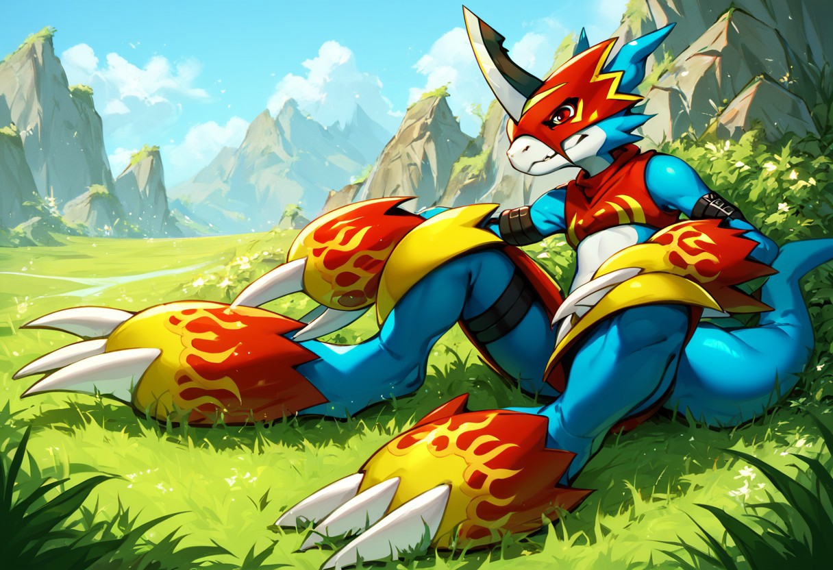 flamedramon (character), blue body, anthro, armor, belt, claws, clothing, crop top, headgear, helmet, male, shirt, topwear, red eyes, horns, digimon (creature), solo, no humans, claws, sitting, grass, full body, horns, arm belt, score_9, score_8, score_7_up, score_6_up, smile
