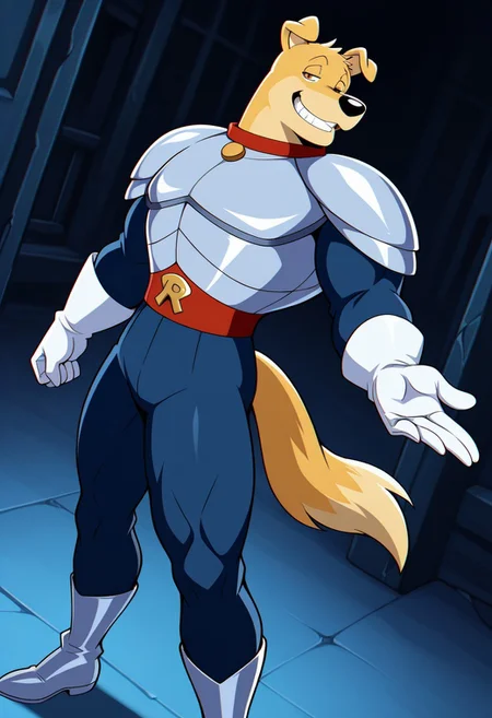 <lora:HunterRR:0.9>, solo, hunter, golden retriever, male, manly, brown eyes, body armor, armor, shoulder armor, collar, white gloves, letter-R buckle, boots, pose, posing, grin, half-closed eyes, dutch angle, BREAK masterpiece, 4K, separate focus, best quality, amazing quality, very aesthetic, high resolution, chromatic aberration, dynamic lighting, extremely-detailed, depth of field, newest, scenery, detailed fur, detailed muscles
